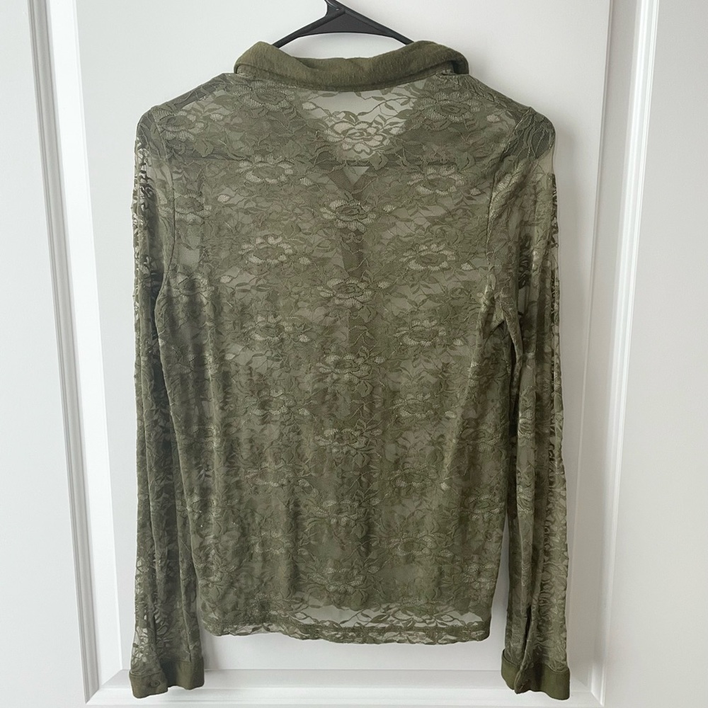 Vintage olive green lace button down collared blouse - Picture 3 of 3